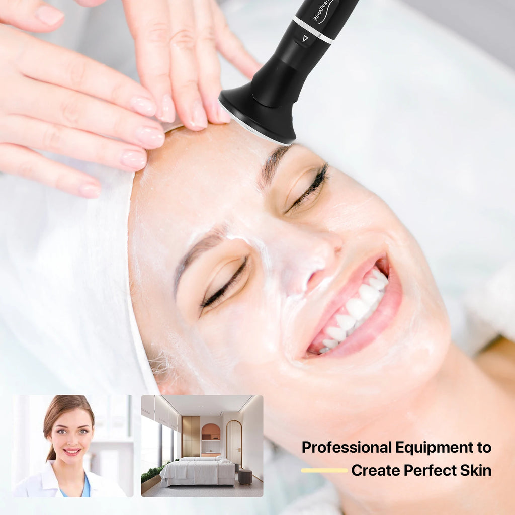 A professional using a black dermabrasion wand on a woman's face. Includes insets of an esthetician and a spa room.