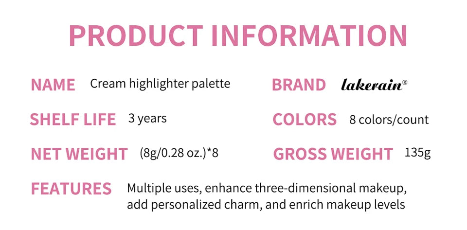 Tidesmit 8 color eyebrow cream highlighter palette showing matte and shimmer finish texture swatches for face makeup