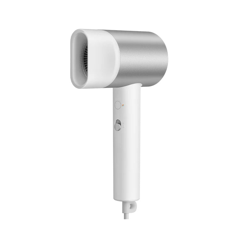 MIJIA H500 white and silver negative ionic hair dryer with compact design, 3 temp settings, and speed control switch.