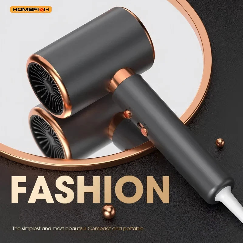 HOMEFISH 2000W ionic hair dryer in sleek matte grey and rose gold, professional salon style, compact design.