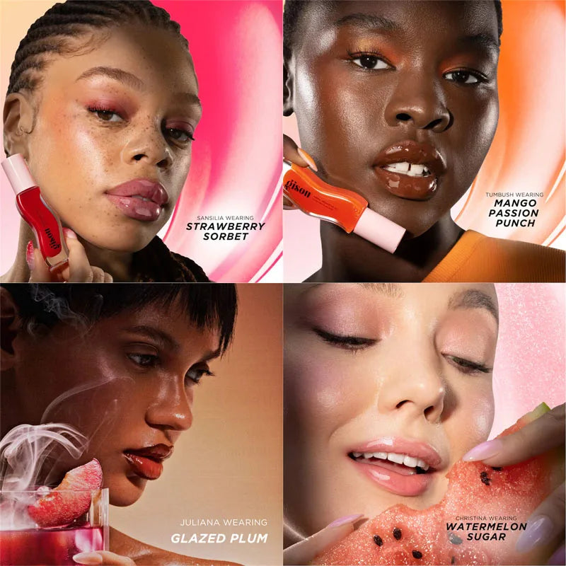 Gisou lip oil gloss in Glazed Plum, Strawberry Sorbet, Mango, and Watermelon. Plumping, high-shine moisturizing makeup.