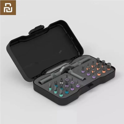 Ratchet screwdriver tool set with magnetic S2 bits in black carry case, open view