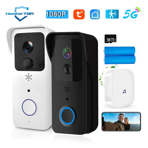 Outdoor WiFi video doorbell kit with black and white doorbells and indoor chime