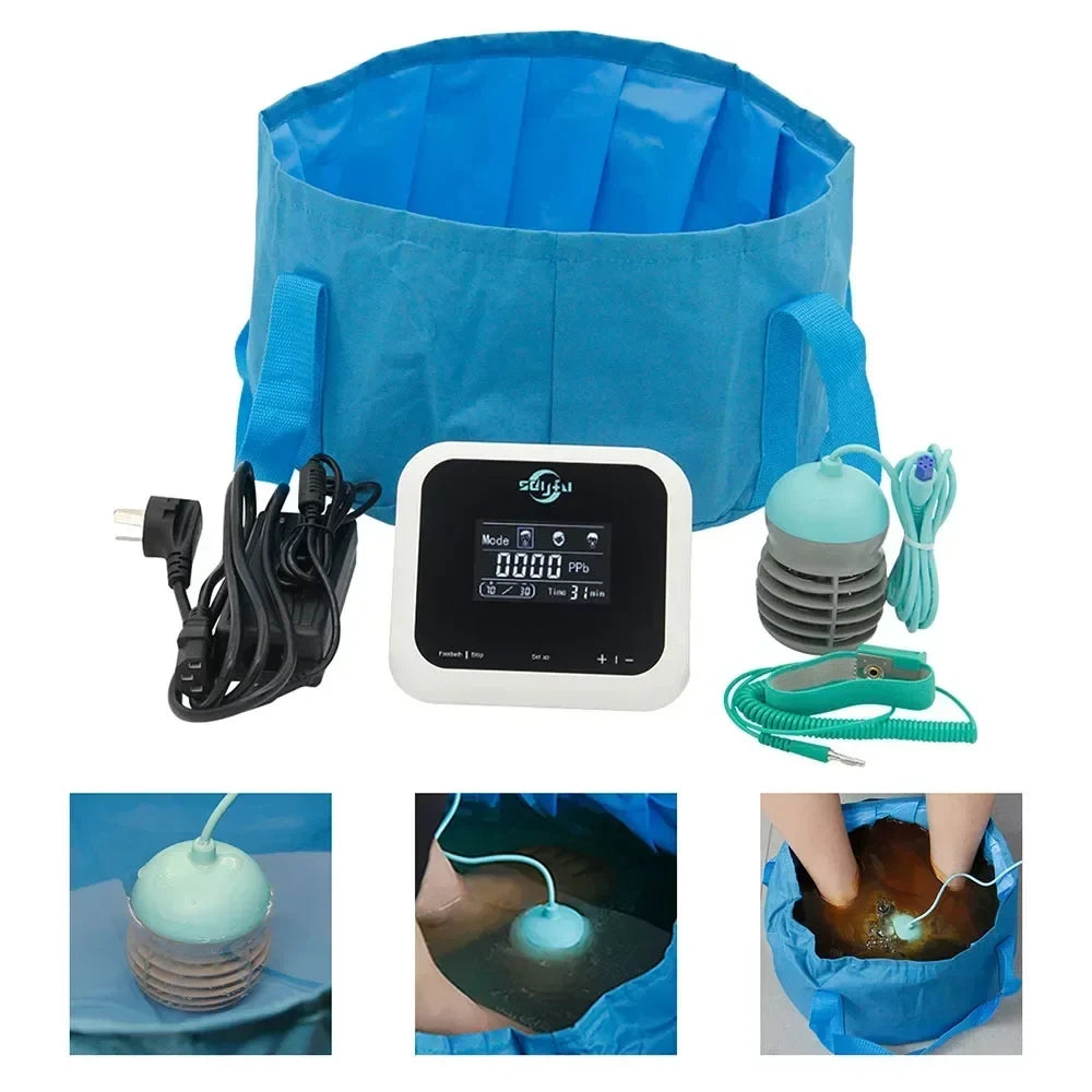 Ionic detox foot spa bath machine with portable blue basin, electric control unit, array, and wrist strap for home use.