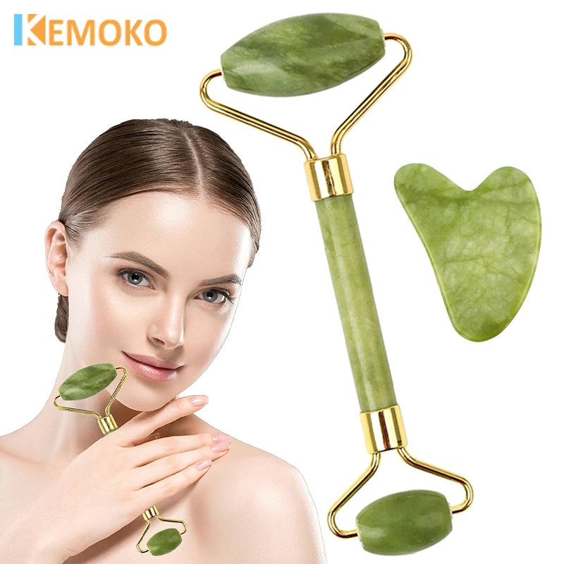 Green jade facial roller and heart-shaped gua sha tool with gold-tone hardware, shown with a model using the roller.