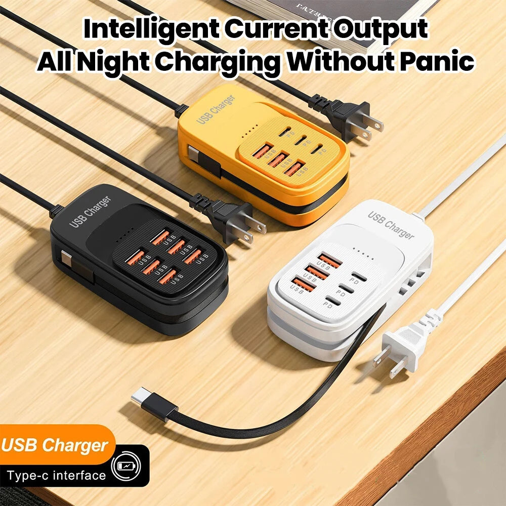 EU/US/UK 6-Ports USB Charging Extension Socket with Type-C Cable 3USB 3PD Power Strip Desktop Charging Station HUB Adapter 5V2A