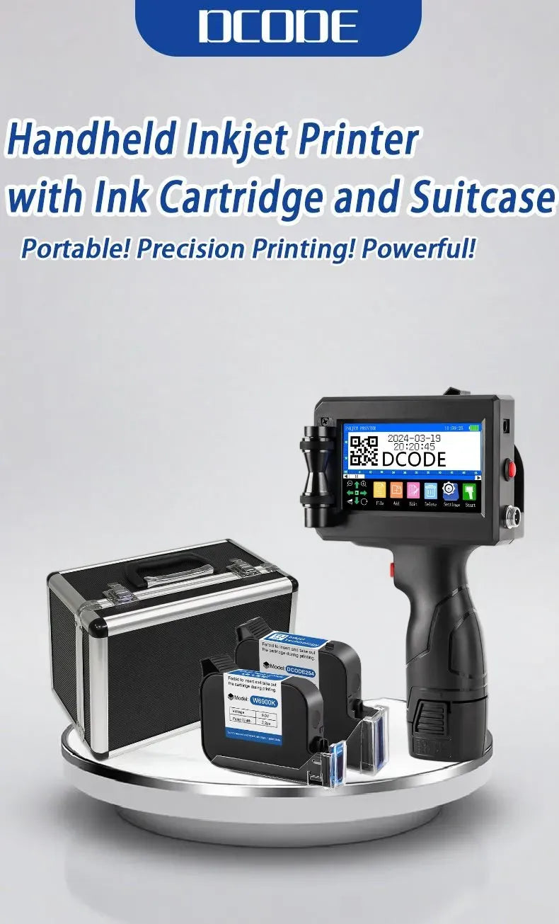 Handheld inkjet printer with black suitcase and ink cartridge shown on display