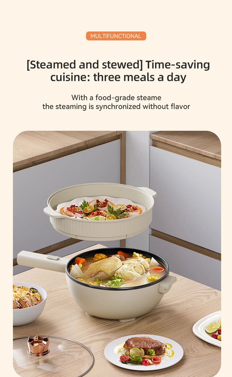 White electric hot pot with steamer bowl insert and base cooking pan