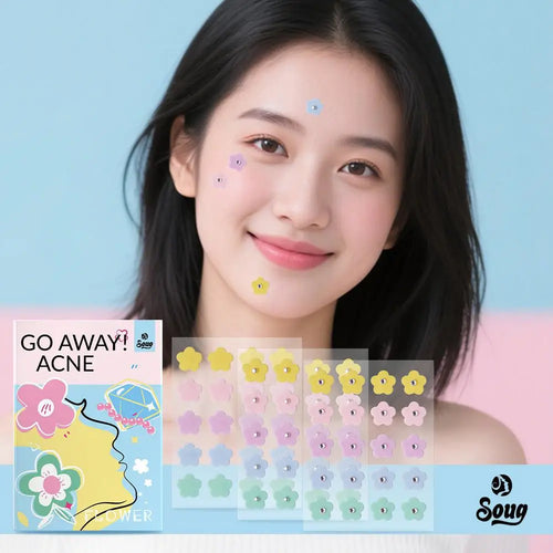 Flower-shaped hydrocolloid acne patch stickers on face, pastel colors