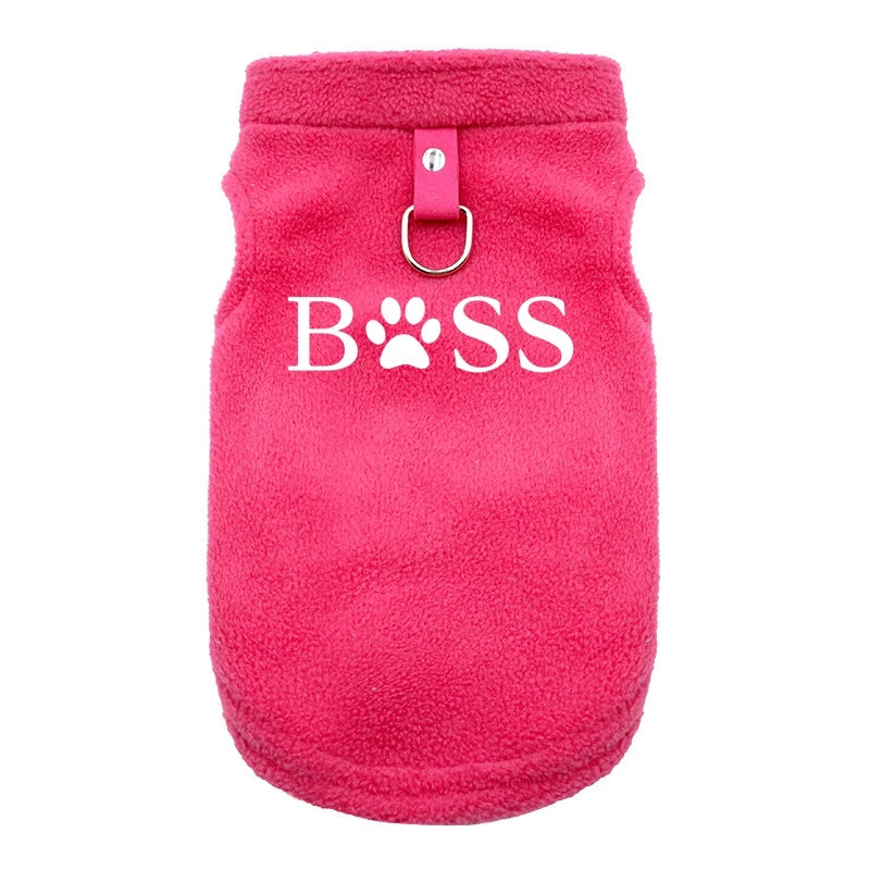 Pink fleece dog sweater vest with 'BOSS' print for small pets. Warm winter jacket with leash ring for cold weather.