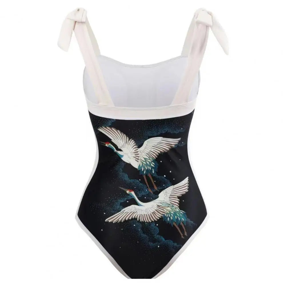 2Pcs/Set Women Monokini Suit Vintage Print One-Piece Square Neck Tie Swimsuit With Skirt Sling Lady Swimsuit With Beach Cover Up