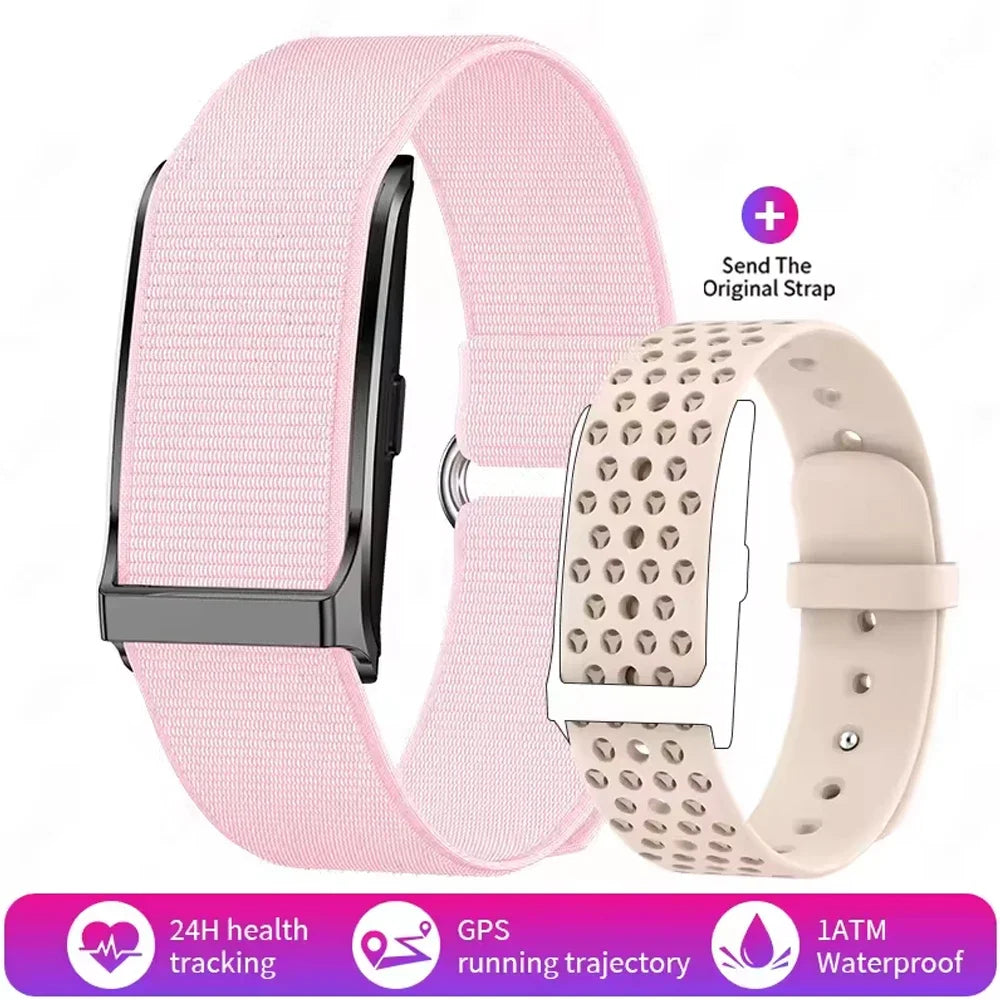 Digital smartwatch with pink fabric strap and light pink perforated silicone band
