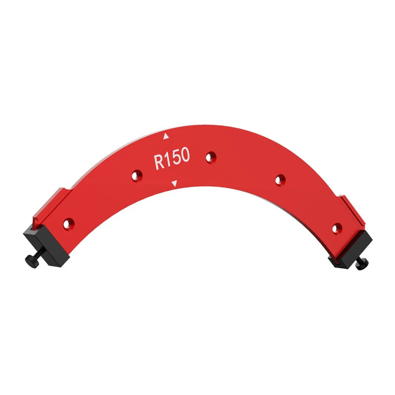 Radius router template jig, red arc with R150 marking and black end blocks