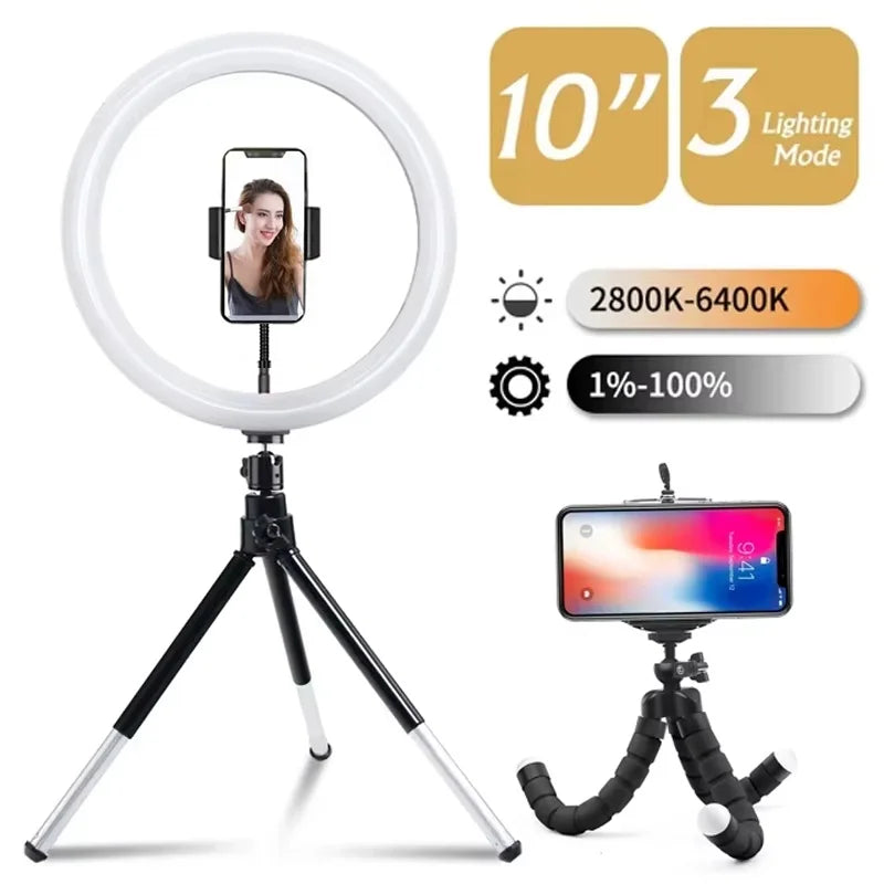 10-inch LED ring light with phone holder on a tripod stand, plus a flexible tabletop mini tripod for smartphones.