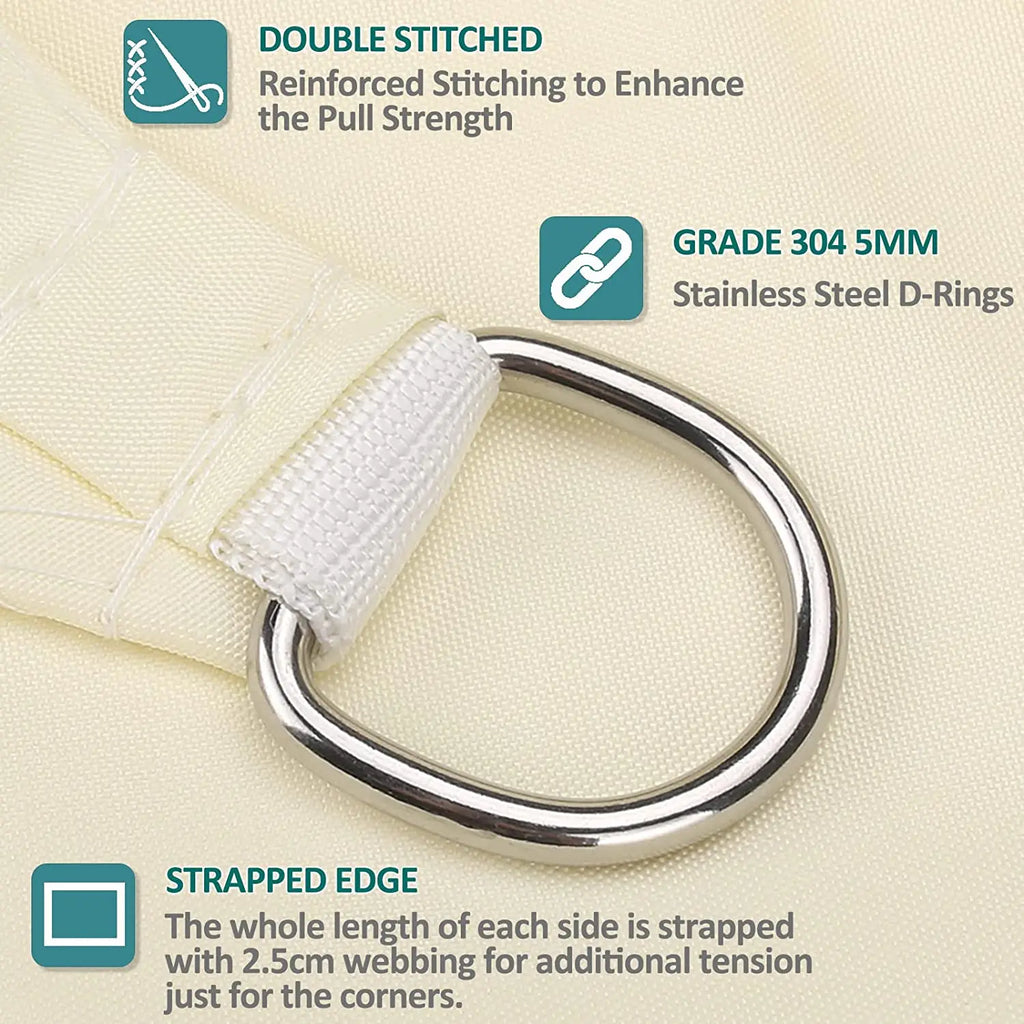 White shade sail stitched edge with stainless steel D-ring grommet and strapping loop