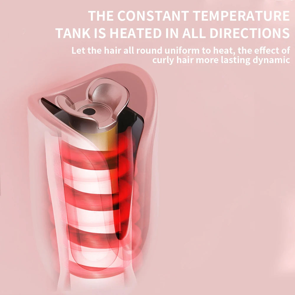 Pink automatic hair curler with constant temperature heating chamber for uniform, long-lasting curls.