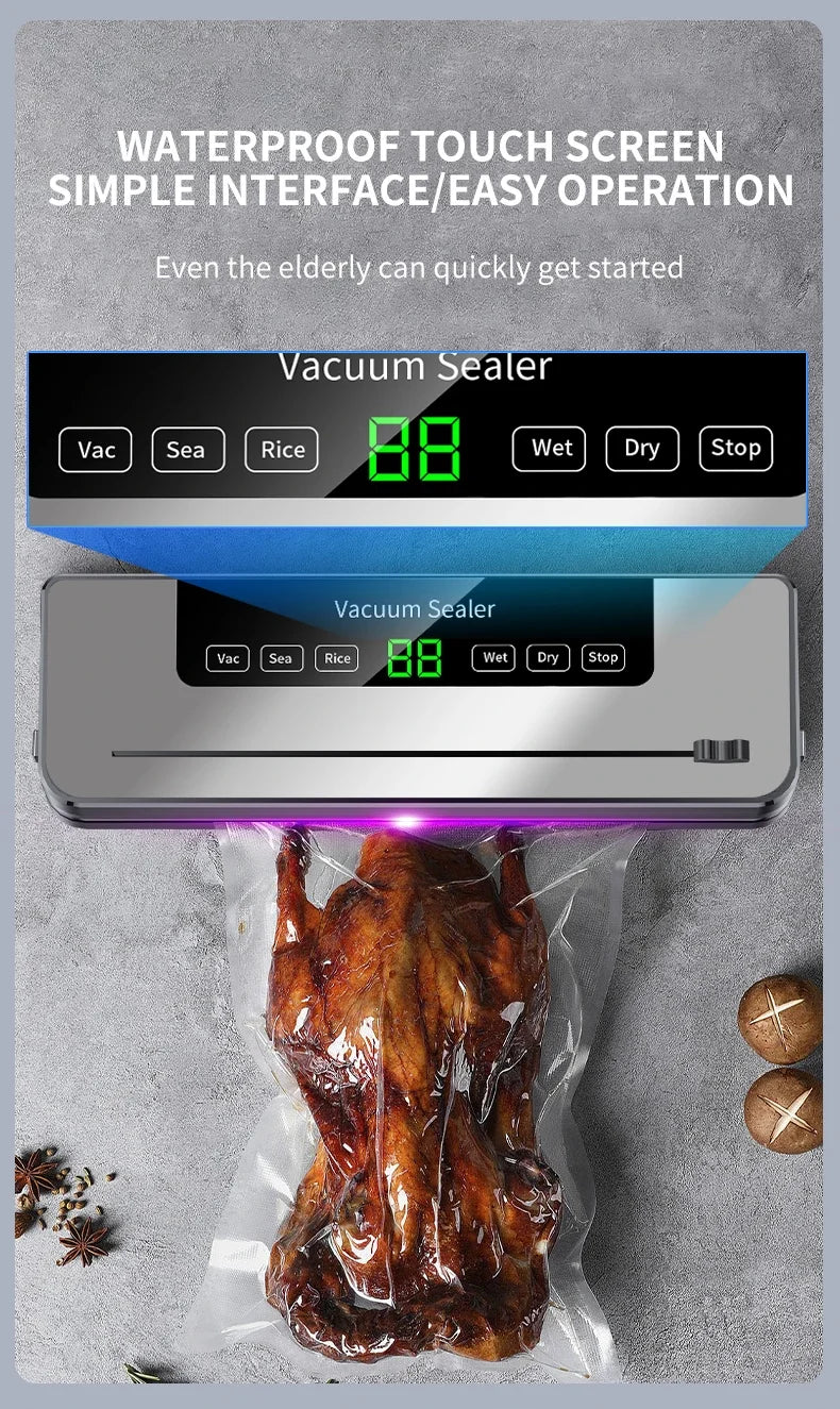 Electric Vacuum Sealer Food Storage Seal Touch Button Dry/Wet Built-in Cutter Kitchen Food Sealing Vacuum Packaging Machine