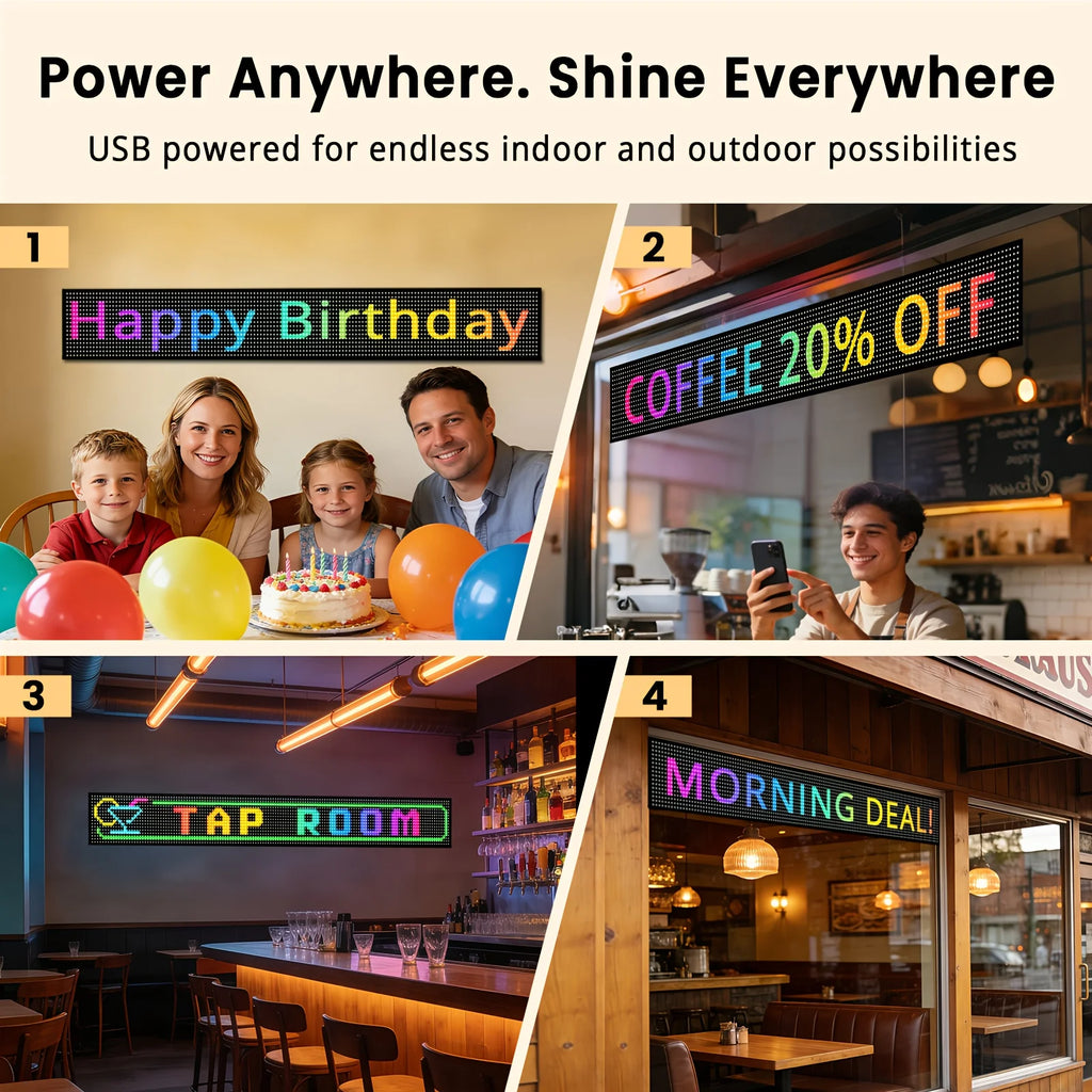 Smart LED scrolling display screen, supports Bluetooth app control, allows for customization of text, graphics, and animations, is USB-powered for easy installation, and is suitable for digital signage in stores, trucks, food
