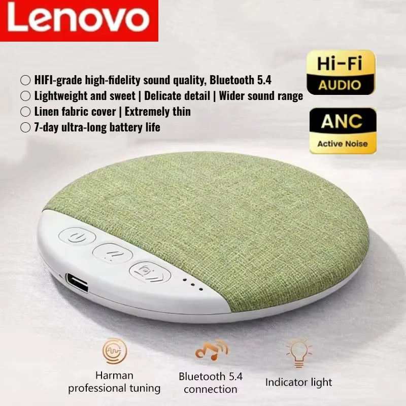 Thin green Lenovo sleep aid sound machine with white control buttons, speaker fabric, and indicator lights.