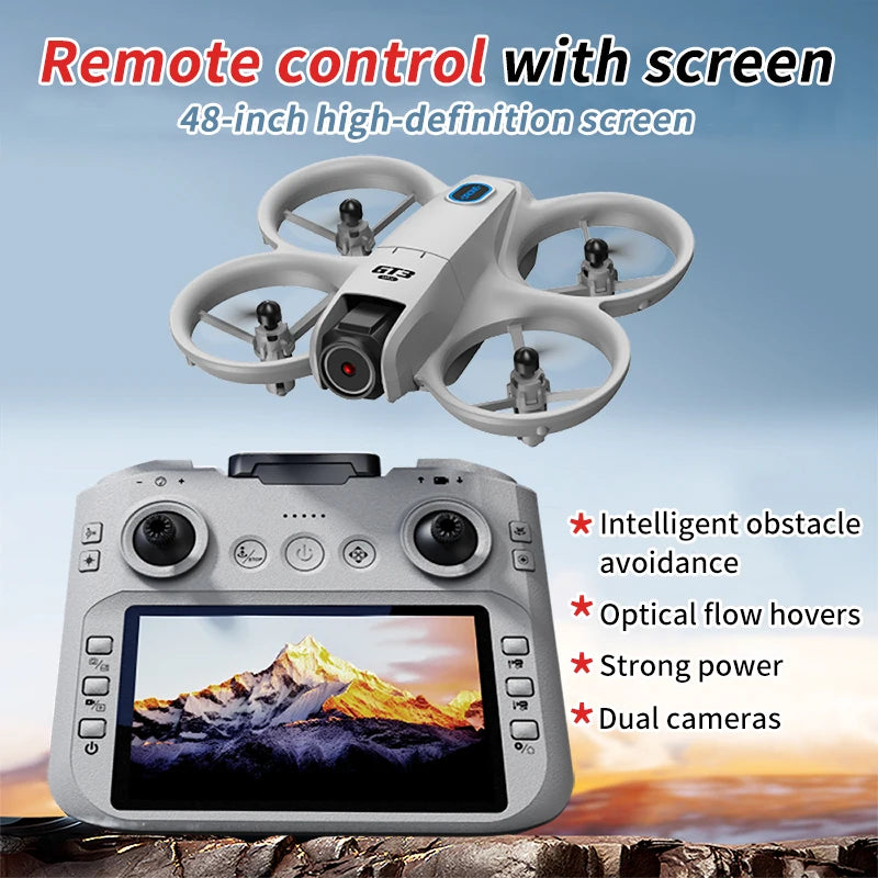 Gray drone with four enclosed propellers and a matching remote control featuring a built-in display screen.