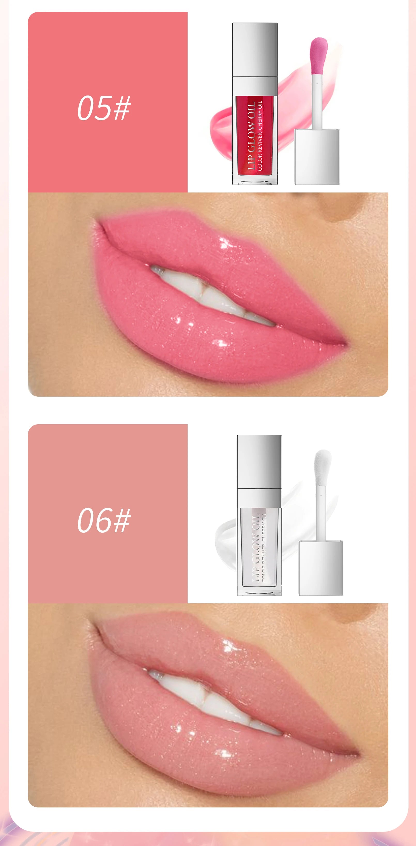 Crystal jelly moisturizing lip oil in pink and clear shades. Plumping, high-shine lip gloss for a sexy glow finish.