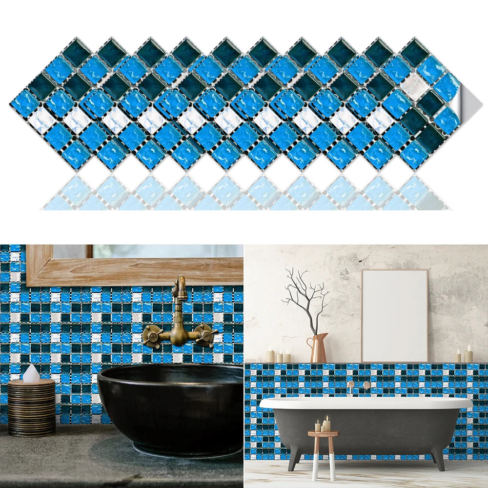 10pcs Flat Mosaic Style Tiles Sticker Kitchen Bathroom Waterproof & Oilproof Art Wall Sticker Peel & Stick Surface Glossy Film
