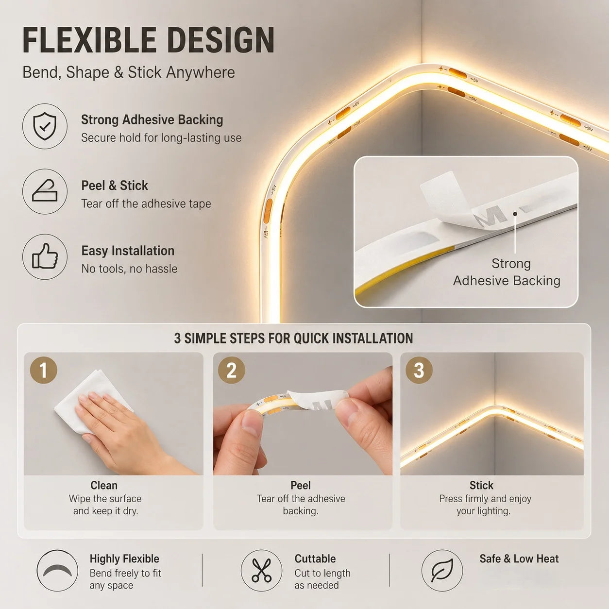 COB LED Strip Lights With Touch Dimmer 5V High Density Linear Lighting with Adhesive Tape DIY Lamp For Living Room Cabinet Decor