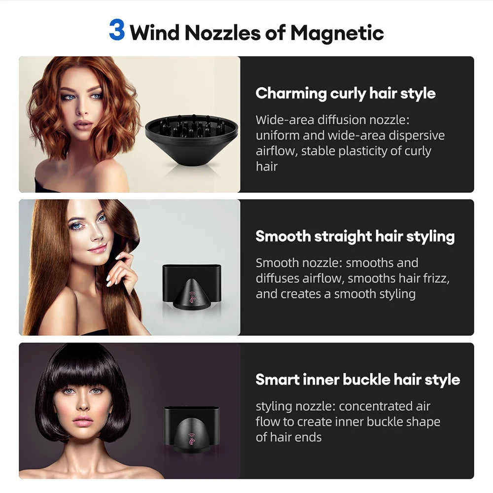 Professional high-speed hair dryer with 3 magnetic nozzles for curls, smoothing, and styling for salon-quality hair.