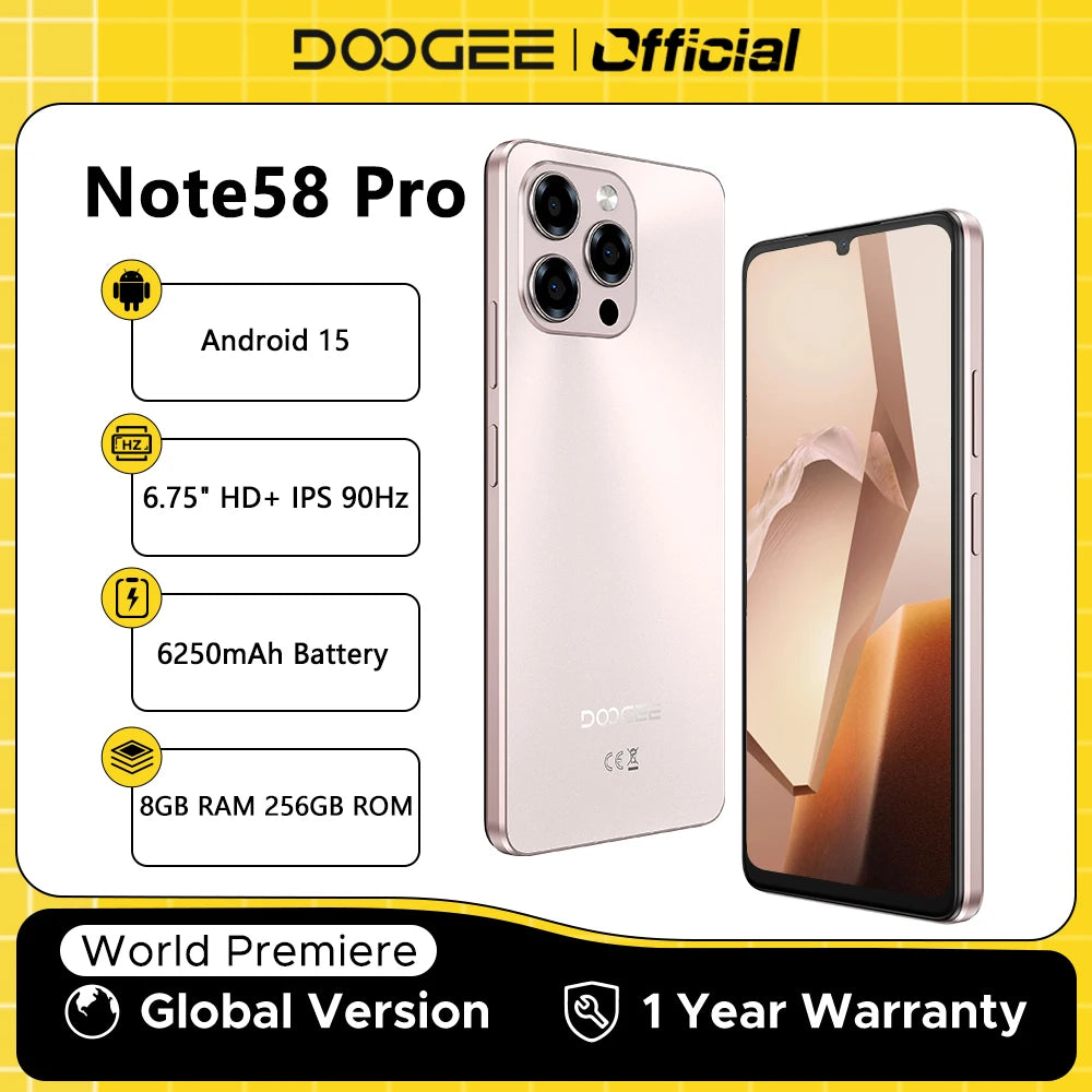 Global Version DOOGEE Note58 Pro Smartphone 6.75" HD+ Display 8GB RAM 256GB ROM 6250mAh Large battery NFC Android 15 Cellphone