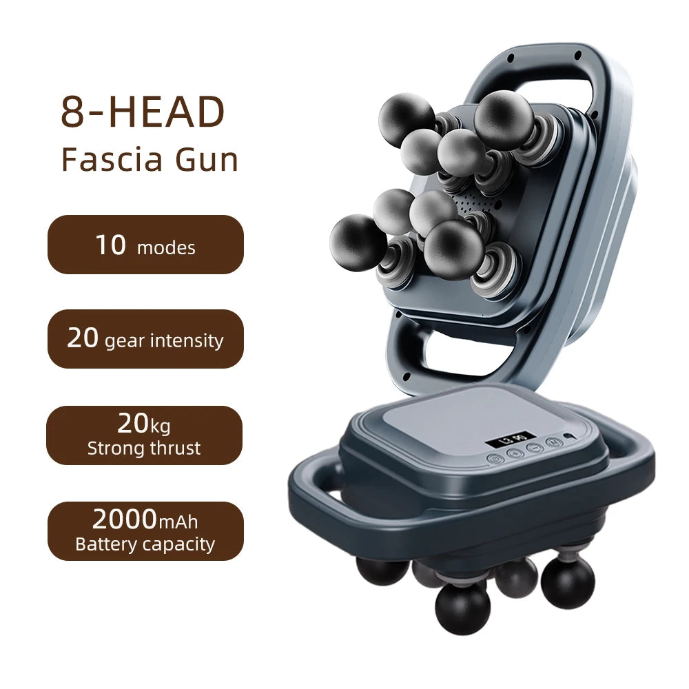 Dark gray 8-head fascia gun with ergonomic handles and spherical massage attachments for muscle recovery and therapy.