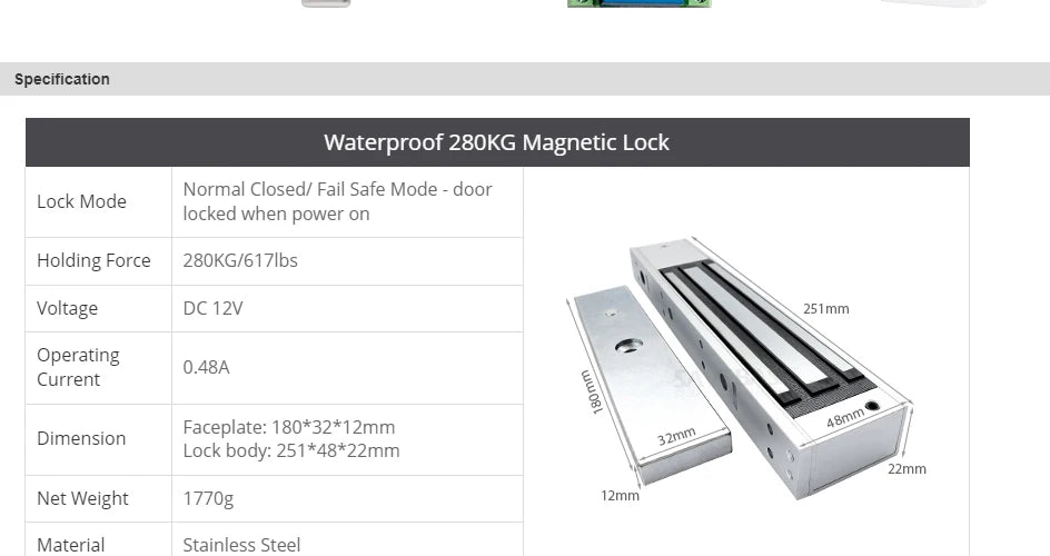 HOMSECUR 12V Waterproof Electric Magnetic Lock 280KG 600lb Holding Force For Iron Wooden Door Access Video Intercom System