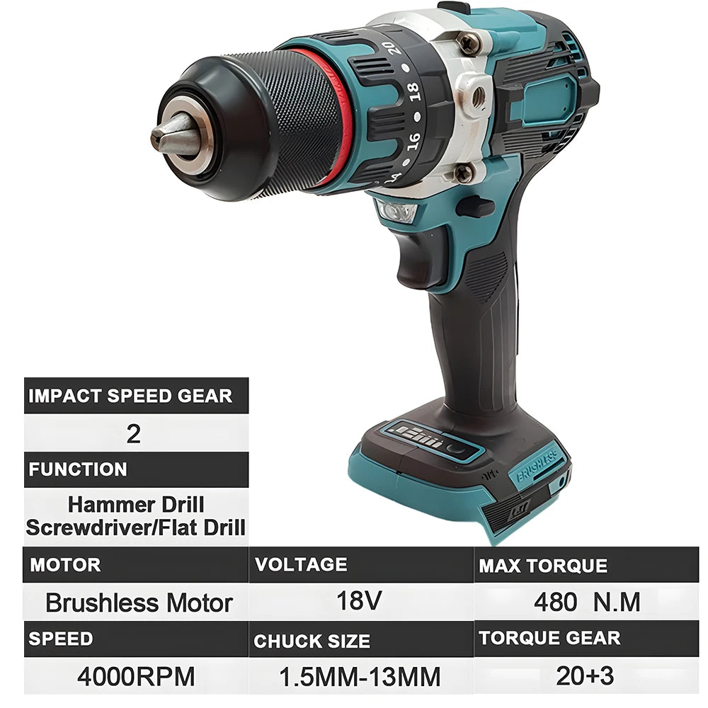 Podofo Brushless Electric Drill Screwdriver Power Tools Metal Chuck Impact Hammer Drill  Cordless Motor Screwdriver Power Tools