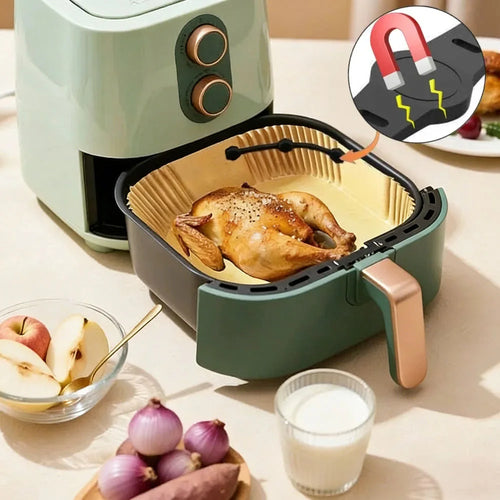Air fryer parchment liner with black silicone magnetic buckle straps for holding paper
