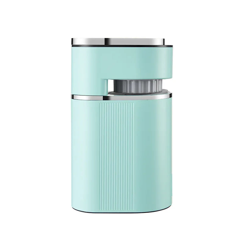 Compact light blue electric coffee grinder with modern cylindrical ribbed design and metallic silver trim.