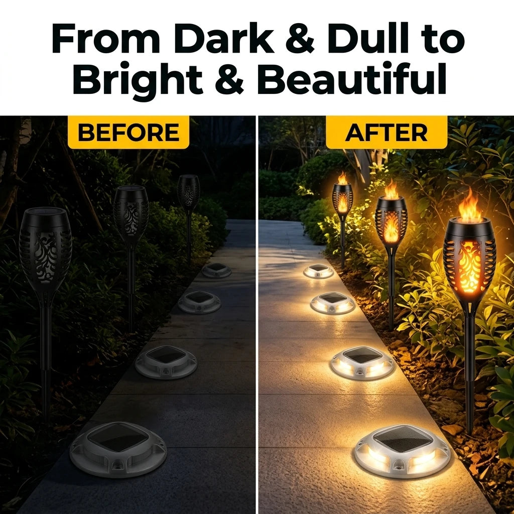 Solar Outdoor Lights Set: Flickering Flame Torch Lights & Round Warm White Ground Lights for Garden Pathway, Lawn Landscape Lighting, Waterproof LED S-Curve Path Guide Lights for Yard, Driveway, and Courtyard Night Atmosphere