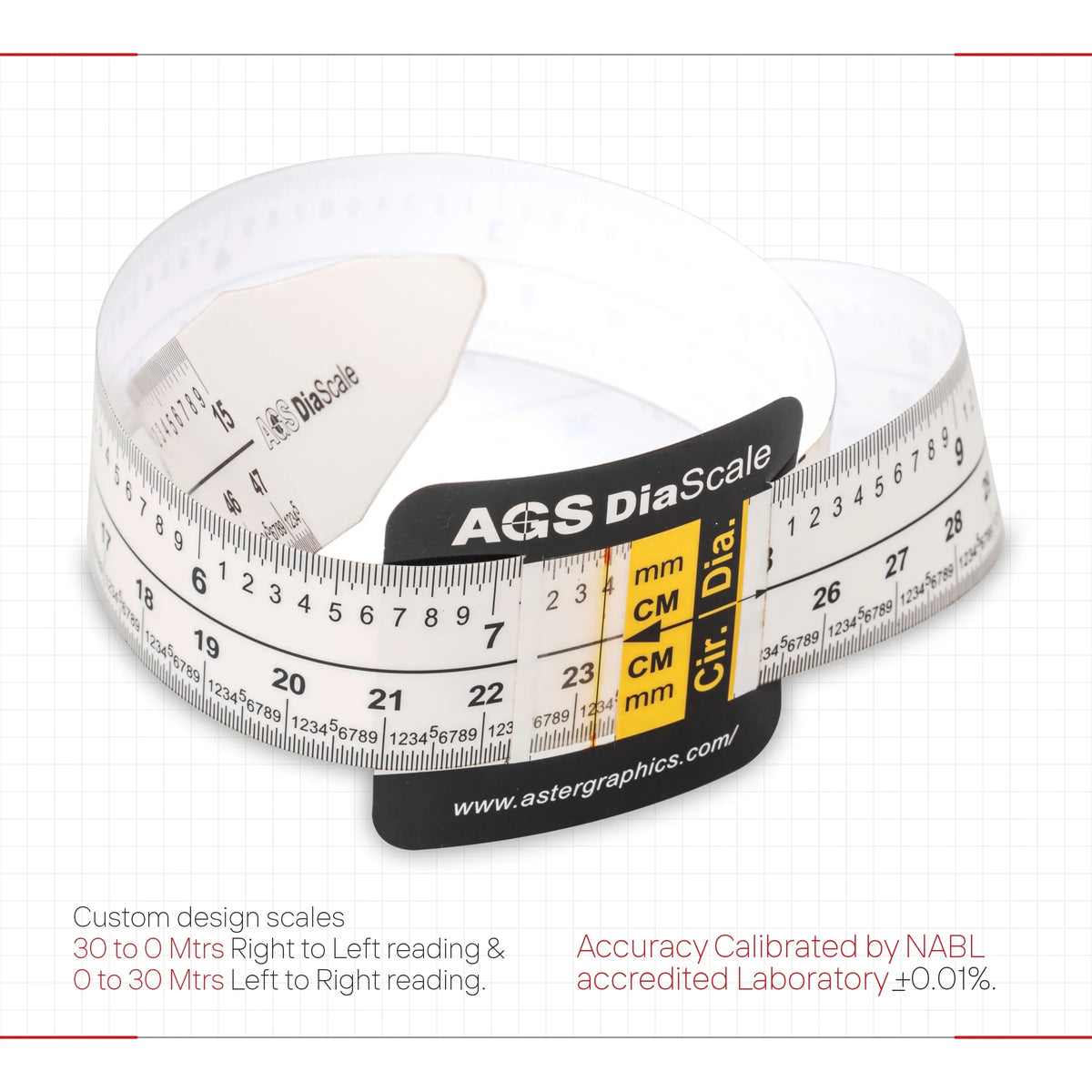 Precision diameter tape measure, coiled black-and-white plastic with mm/cm markings