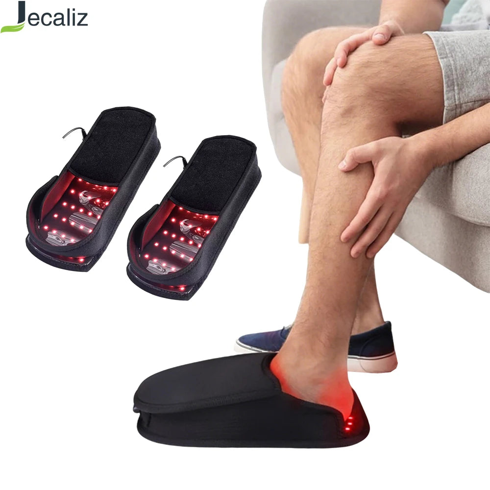 Black red light therapy slippers with infrared LED beads for foot pain relief and plantar fasciitis treatment.