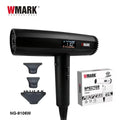 WMARK NG-9106W professional black hair dryer with digital display, three nozzle attachments, and 2000W salon power.