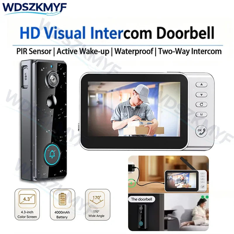Waterproof 4000mAh Video Monitoring Doorbell 4.3 Inch IPS screen PIR motion sensor Two-way intercom 1080P Video Doorbell Camera