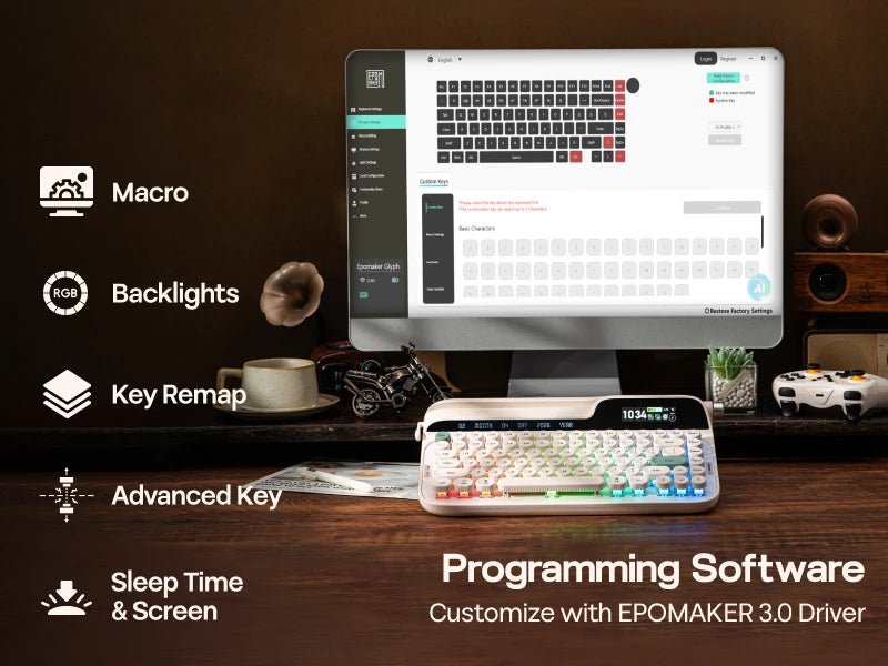 EPOMAKER Glyph 75% ANSI US Layout Wired/2.4Ghz/BT Wireless Typewriter Retro Mechanical Keyboard with TFT Screen & Rotary Knob