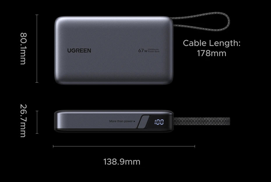 20000mAh Power Bank 67W Fast Charging Portable Charger with Built-in Cable Tidesmit