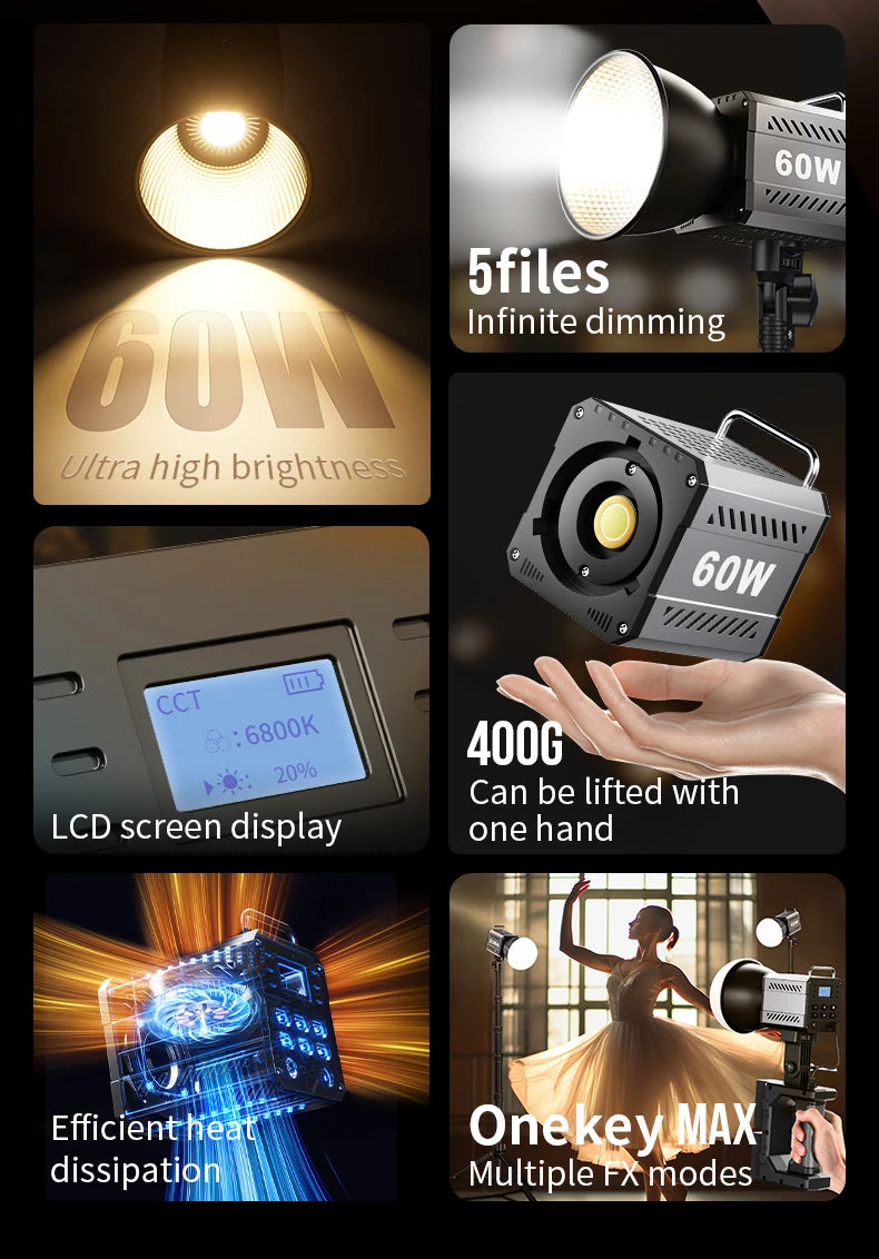 LED Video Light 60W-80W Bi-Color COB Studio Lamp for Content Creation Tidesmit
