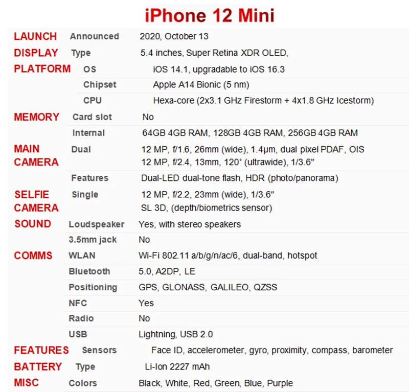 Original Apple iPhone 12 Mini 12Mini 5.4" OLED RAM 4GB ROM 64/128/256GB A14 IOS Face ID NFC 5G 99% New Unlocked Cell Phone