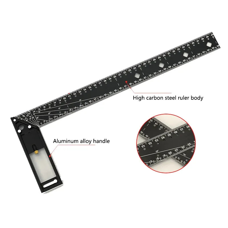 Black angle ruler with aluminum alloy handle and clear etched degree measurement scale