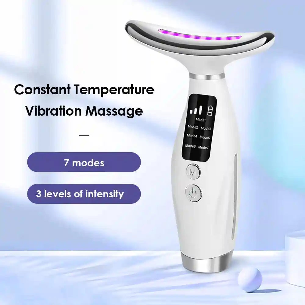 White, T-shaped facial and neck massage device with a digital display, silver head, and purple LED light.