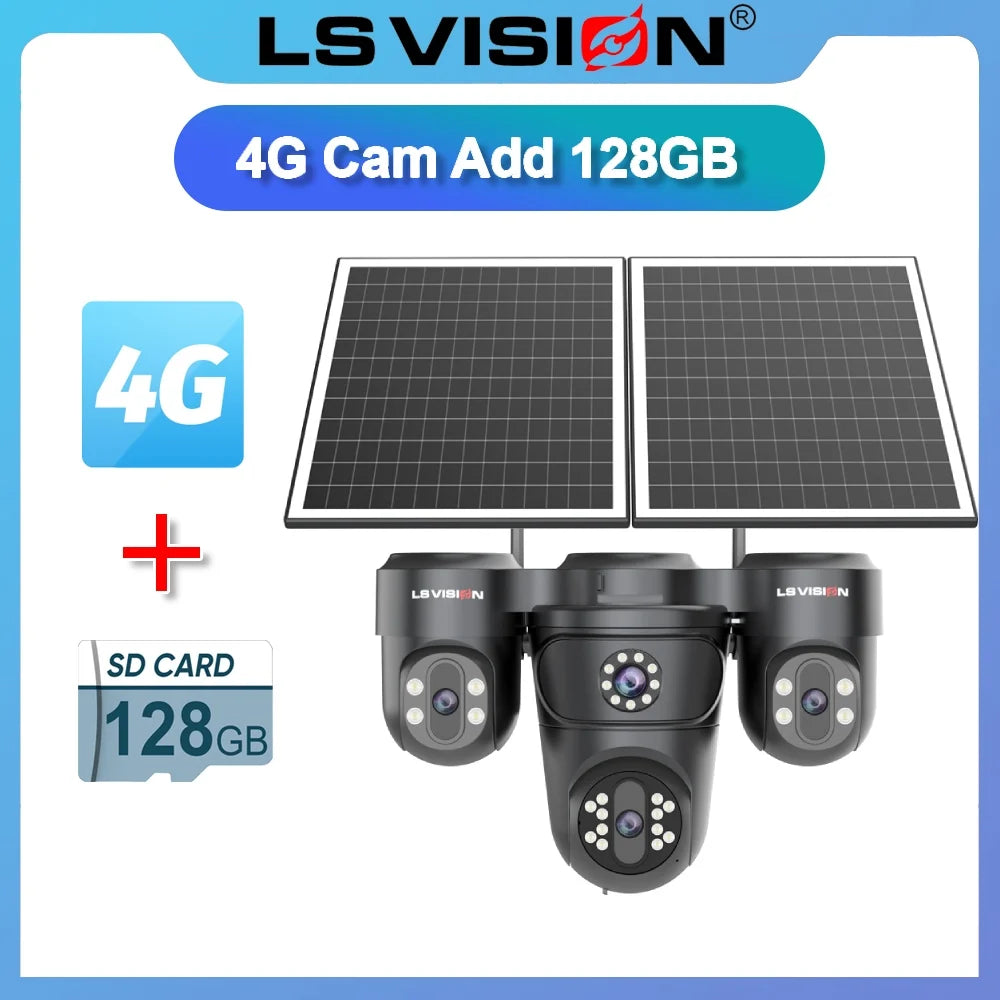 LS VISION 20MP 4 Screen 4G AOV  Solar Camera 12X Zoom 3 PTZ 360° 24/7 Video Recording  AI Humanoid Auto Tracking CCTV IP Camera