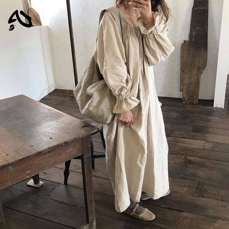 Original New Spring Vintage Cotton Linen Dress for Women Solid Long Sleeve Drawstring Linen One-Piece Dress Maxi Dress