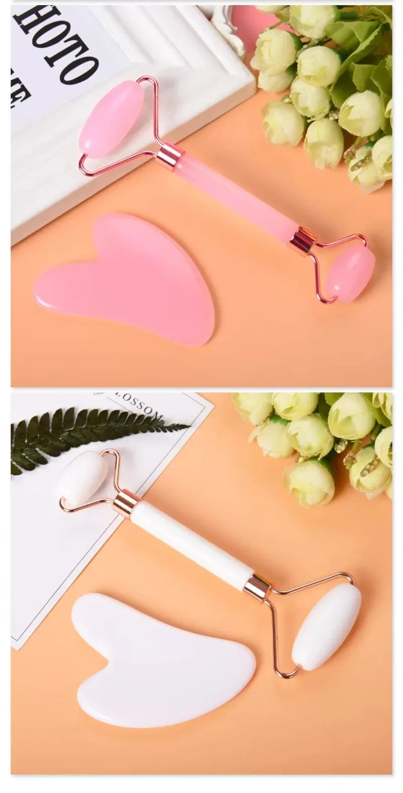 Pink and white facial jade rollers and heart-shaped gua sha massage tools for skin lifting and anti-wrinkle care.