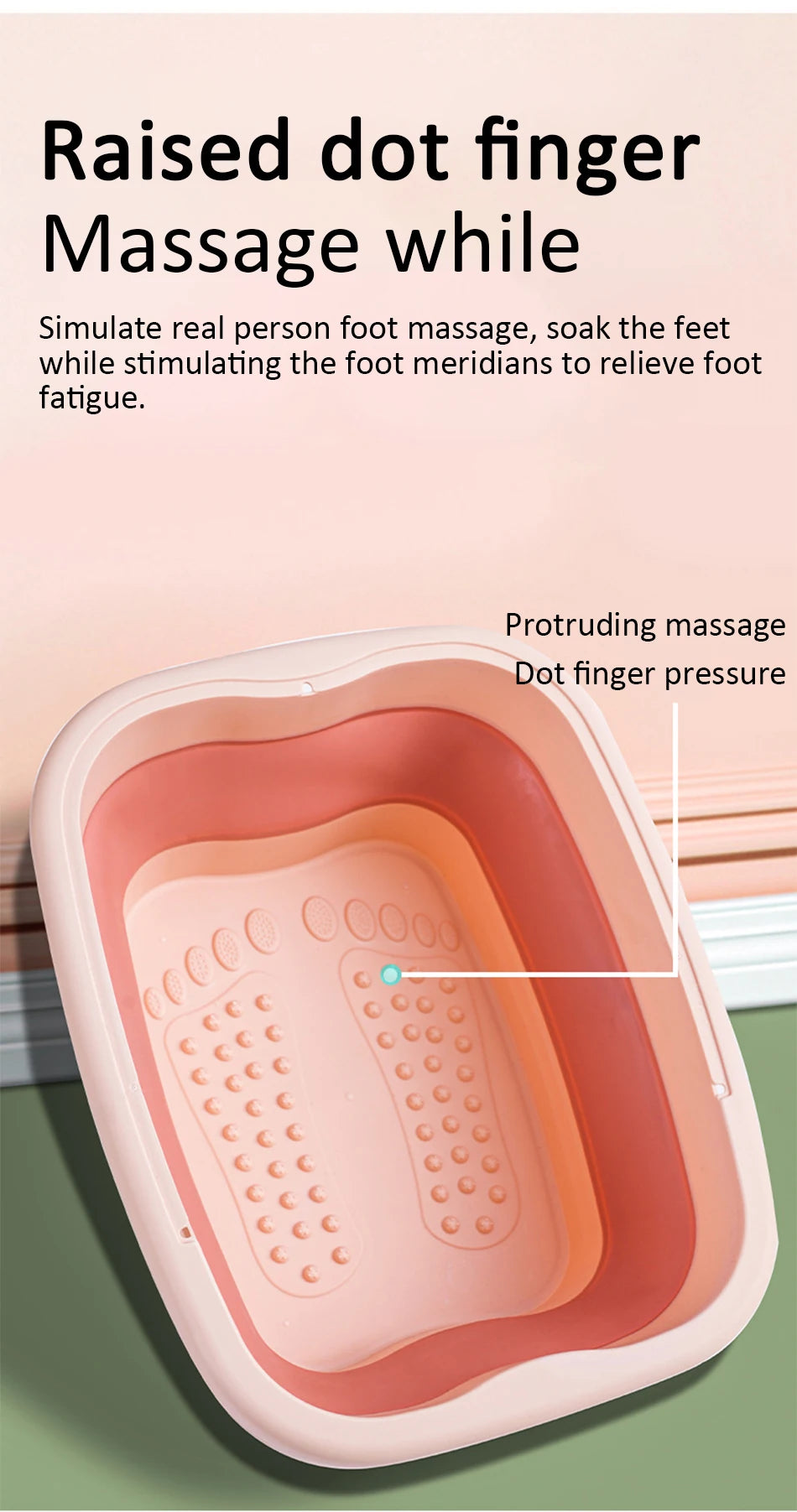 Foldable pink silicone foot bath tub with raised massage dots for pressure point relief, portable for home or travel.