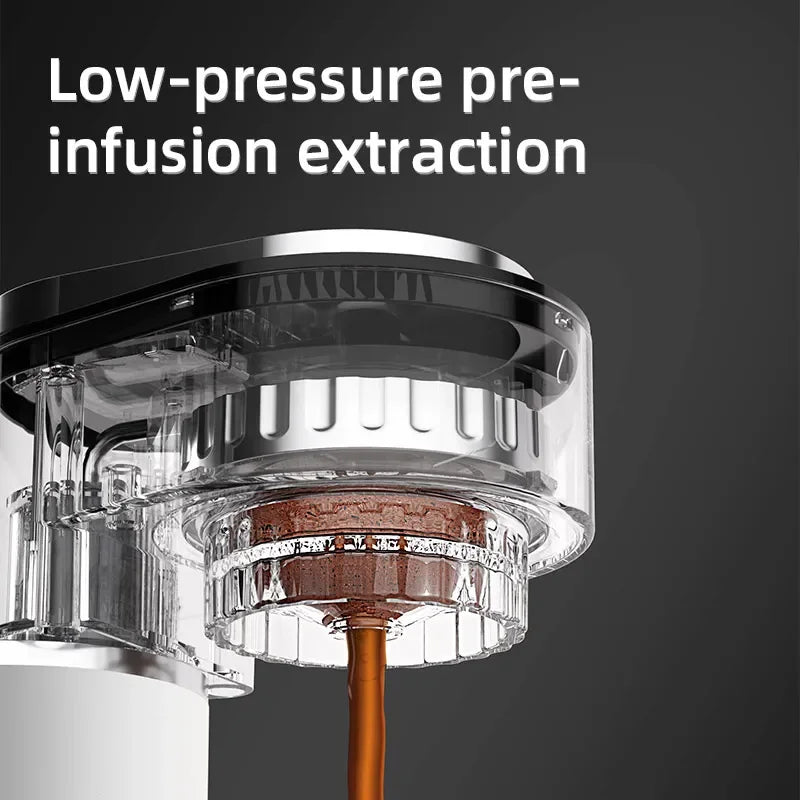 Close-up of espresso machine transparent portafilter head showing low-pressure pre-infusion extraction process.